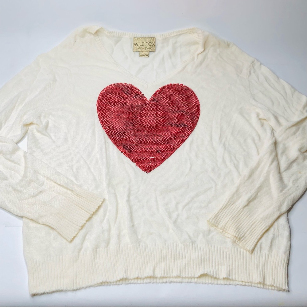 Wildfox White Label Angora Cream Sweatern Sequin Red Heart Valentine Love, Large